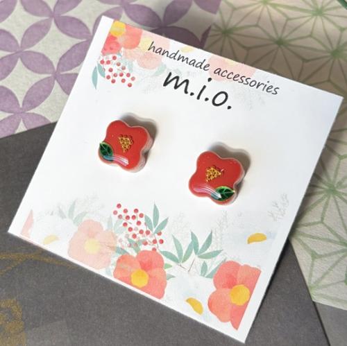 美濃焼タイル　椿のピアス/イヤリング～赤椿～