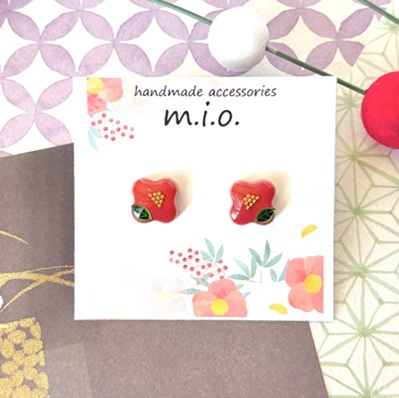 美濃焼タイル　椿のピアス/イヤリング～赤椿～